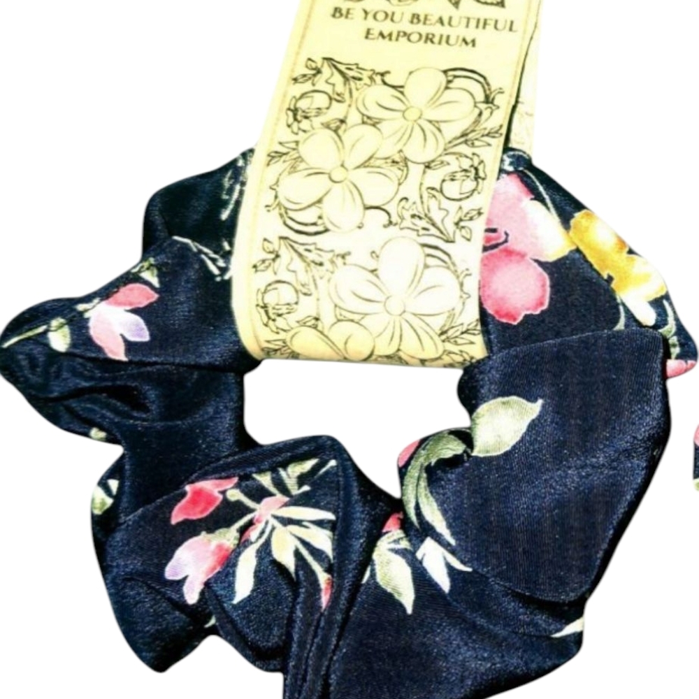 Floral Scrunchie - Navy Blue. 2-Pc. Set. Item No. S-103. - Picture 5 of 11